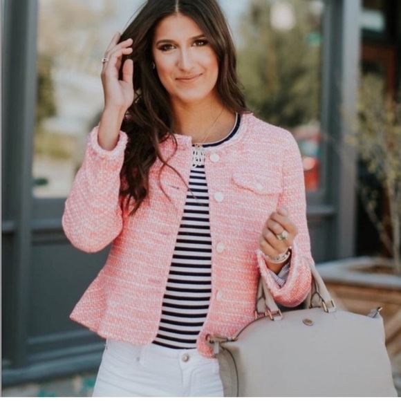 J.CREW pink tweed lady blazer with peplum, fringe & braided trim / Size 6 NWOT - Picture 2 of 15